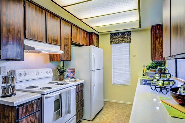 The Casas Apartments: Modern kitchen with sleek countertops and stainless steel appliances