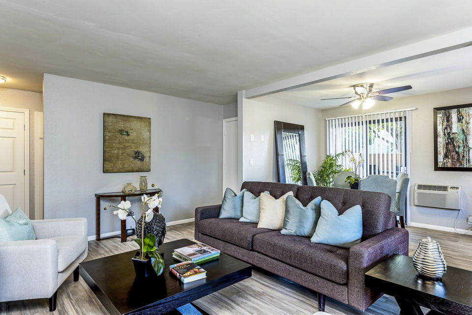 Modern living room with stylish furnishings at The Casas Apartments, a Greystar luxury community offering comfort and elegance