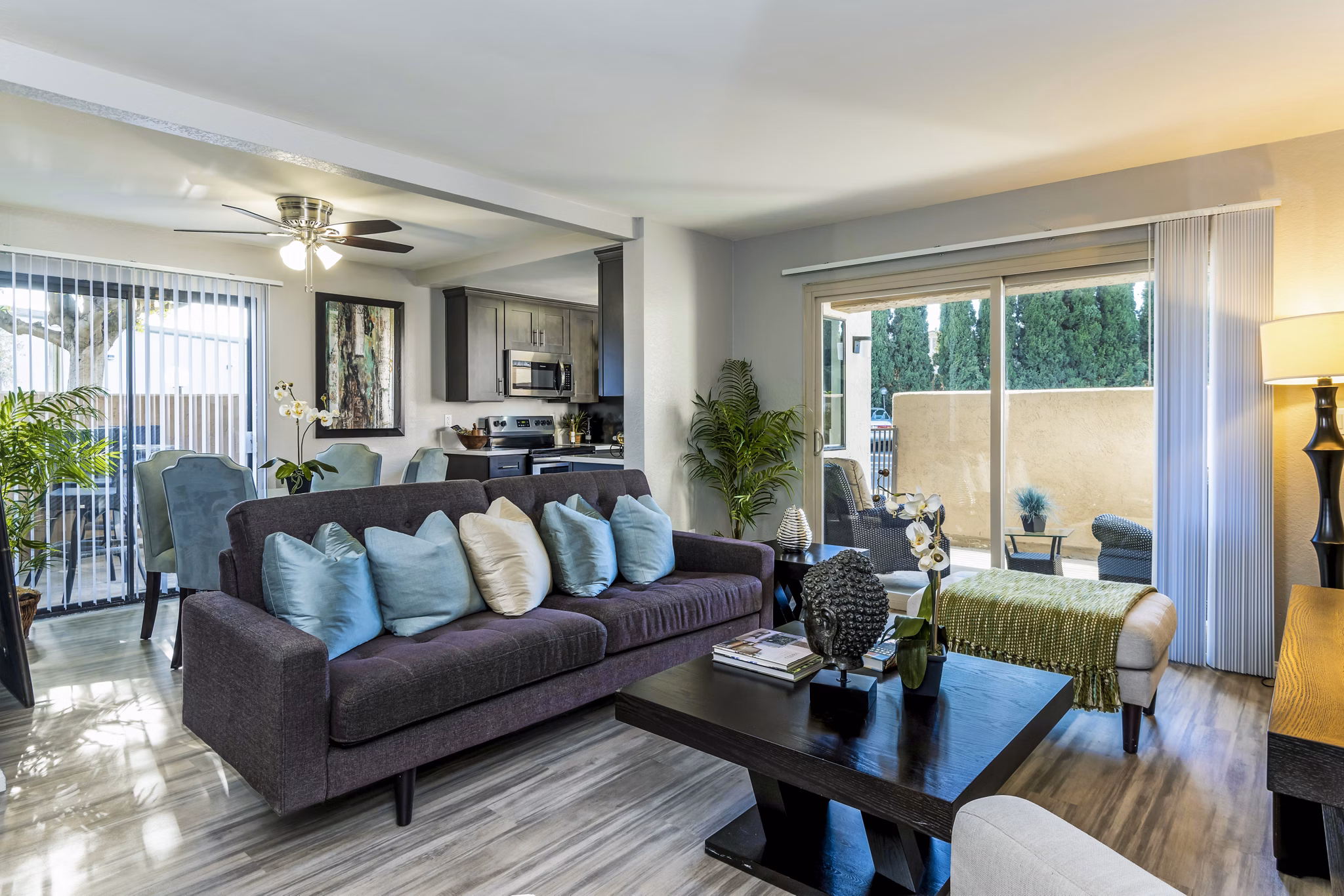 Spacious living room with modern decor at The Casas Apartments, luxury Greystar community