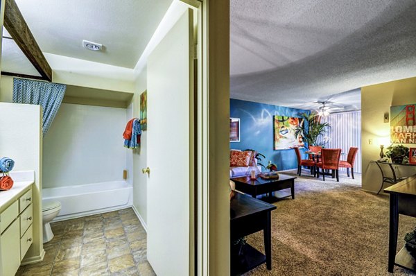 bathroom/living room at The Casas Apartments