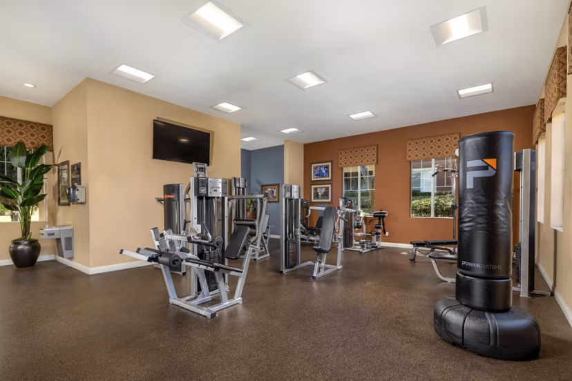 Fitness center with state-of-the-art equipment at Casoleil Apartments in sunny location, offering residents modern exercise facilities