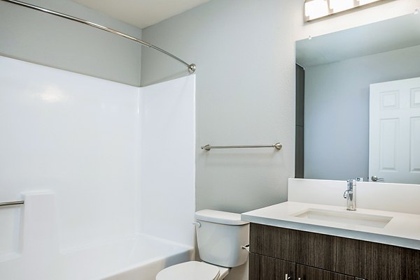 Bathroom with luxurious marble countertops and modern fixtures at Central Park Apartments, a Greystar luxury living community