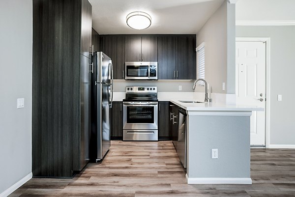 Modern kitchen with stainless steel appliances at Central Park Apartments