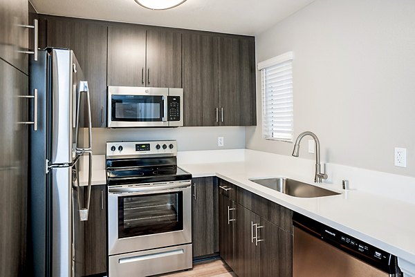 Modern kitchen with stainless steel appliances and granite countertops at Central Park Apartments