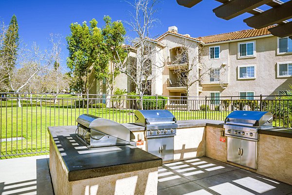 Outdoor grill area with modern seating at Central Park Apartments
