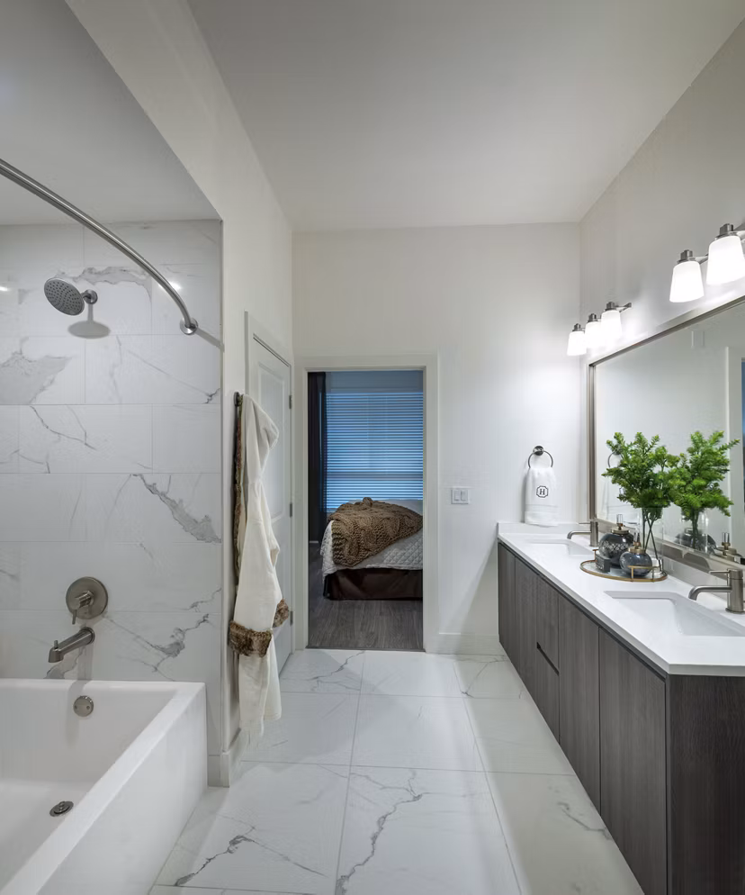 Modern bathroom with sleek fixtures at Hanover West LA Apartments