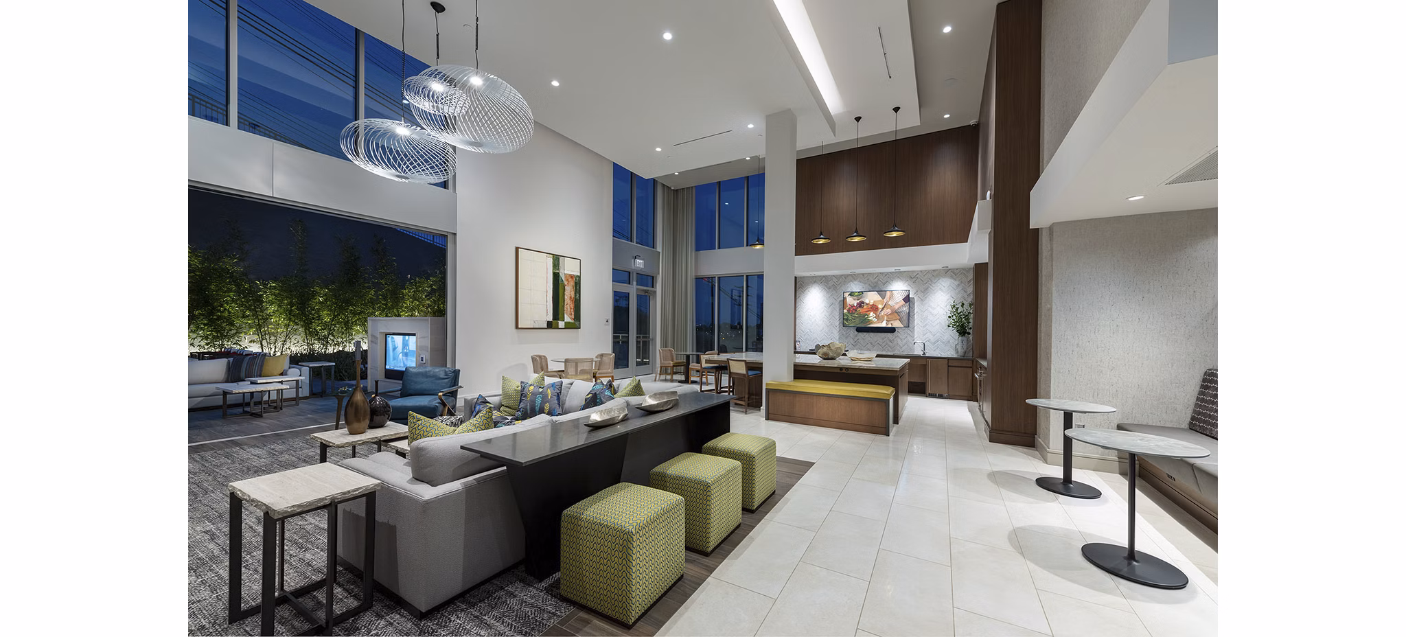 Clubhouse with modern decor and seating at Hanover West LA Apartments