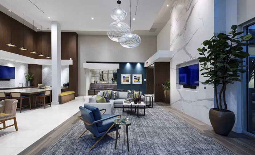 Modern clubhouse with luxury amenities at Hanover West LA Apartments, offering a premier experience for residents in a vibrant community