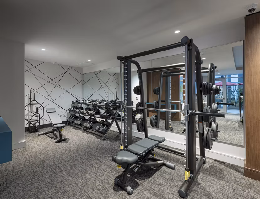 Modern fitness center with state-of-the-art equipment at Hanover West LA Apartments, catering to active lifestyles in a luxury setting