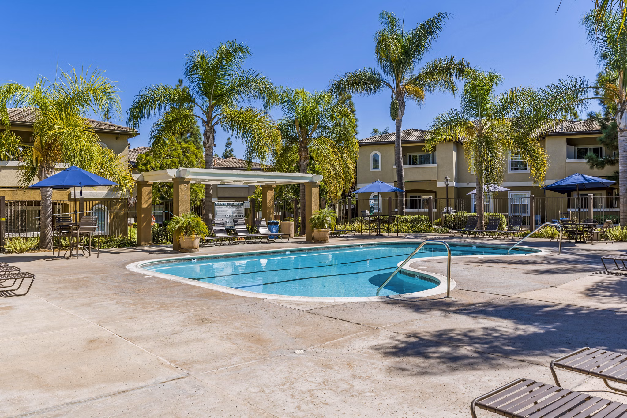 The Landing at Ocean View Hills Apartments: Modern outdoor pool area with palm trees and lounge chairs