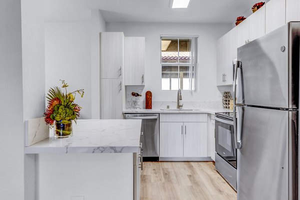 Modern kitchen with stainless steel appliances and granite countertops at Legacy Apartments