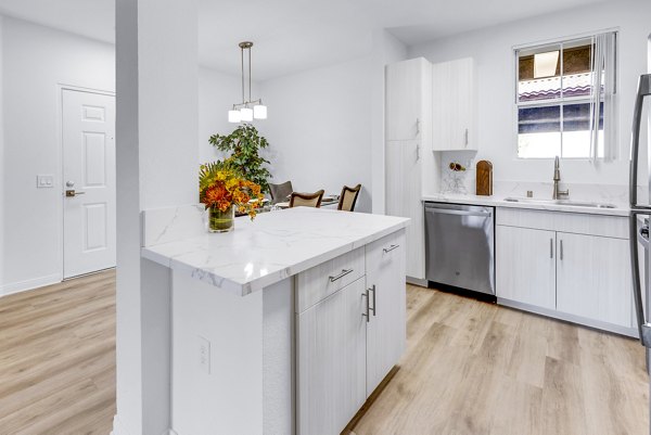 Modern kitchen featuring stainless steel appliances and granite countertops in Legacy Apartments