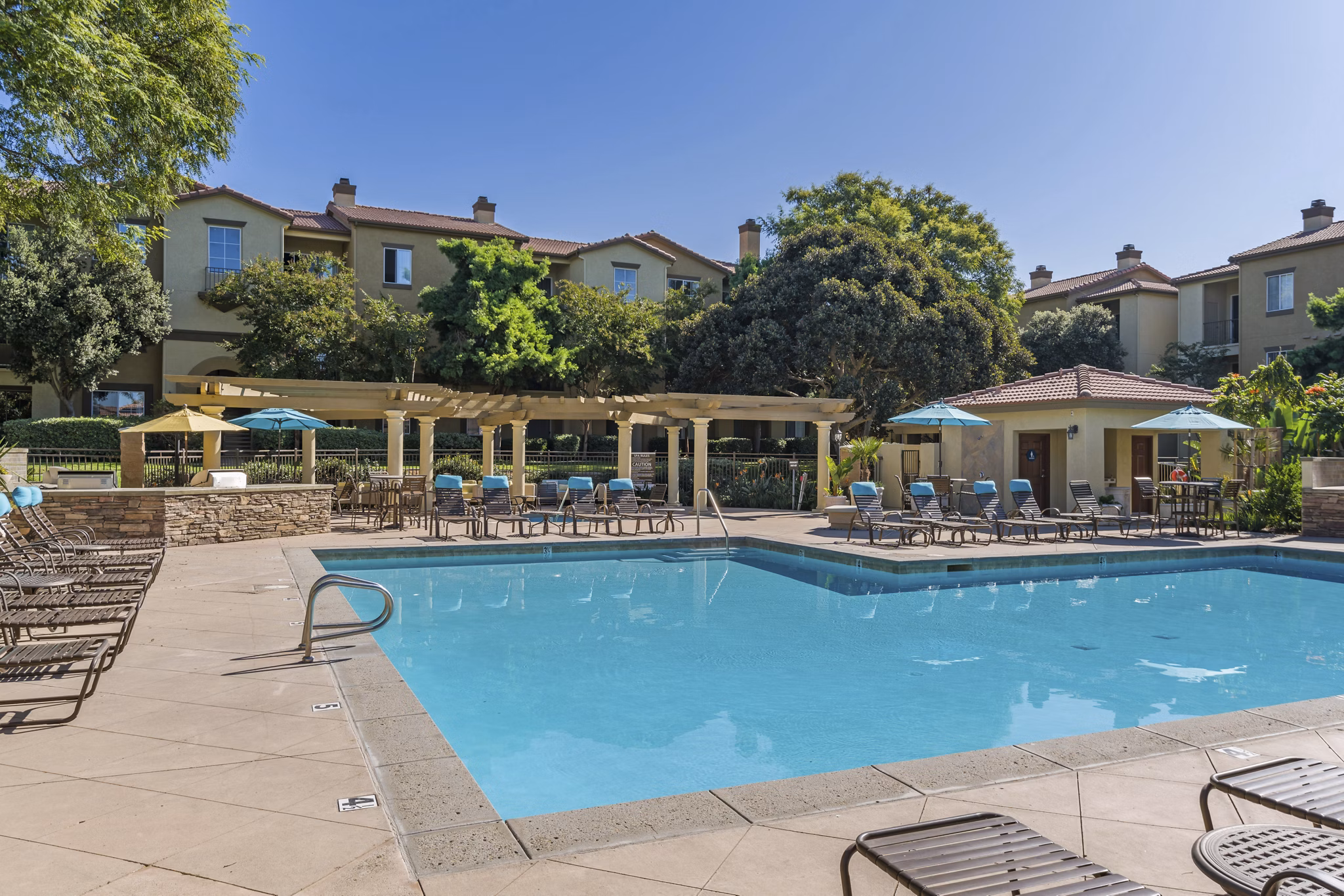 Expansive outdoor pool with lounge chairs at Legacy Apartments, offering relaxation and leisure in a luxury setting