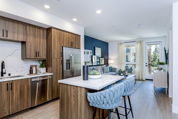 Modern kitchen with stainless steel appliances at The Lofts at Carlsbad Village Apartments