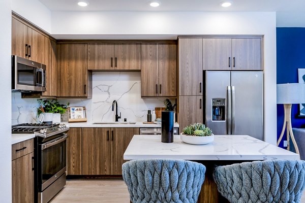 Sleek modern kitchen with stainless steel appliances at The Lofts at Carlsbad Village Apartments