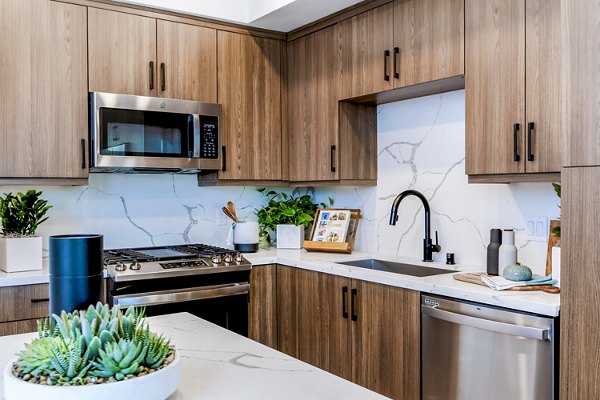 Modern kitchen with stainless steel appliances at The Lofts at Carlsbad Village Apartments