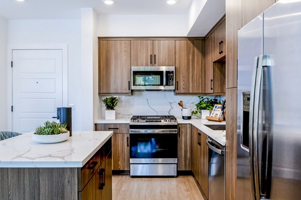 Modern kitchen with stainless steel appliances at The Lofts at Carlsbad Village Apartments