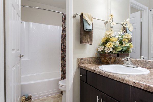 Bathroom with modern fixtures and elegant vanity at Navajo Bluffs Apartments