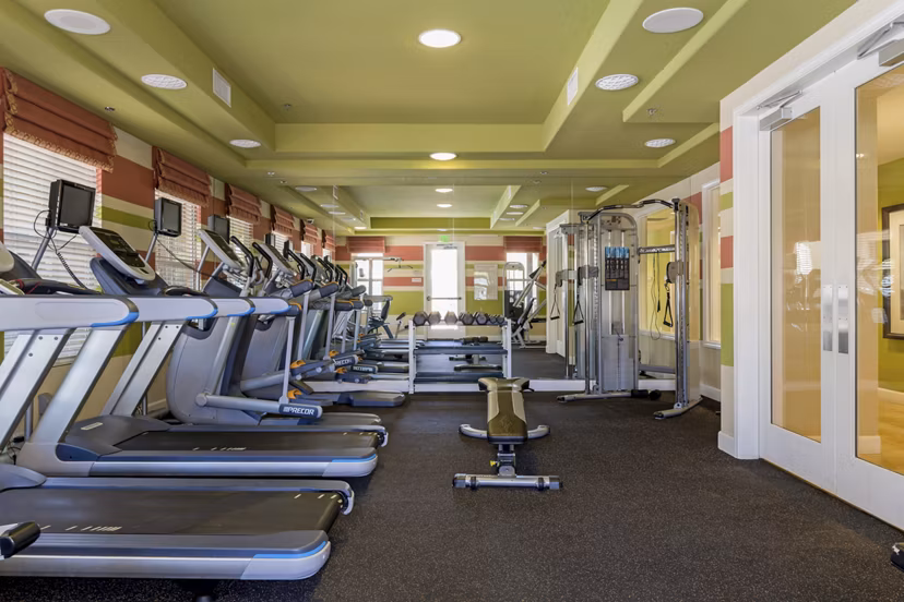 Fitness center with modern equipment at Riveredge Terrace Apartments, offering residents a state-of-the-art workout space for active living