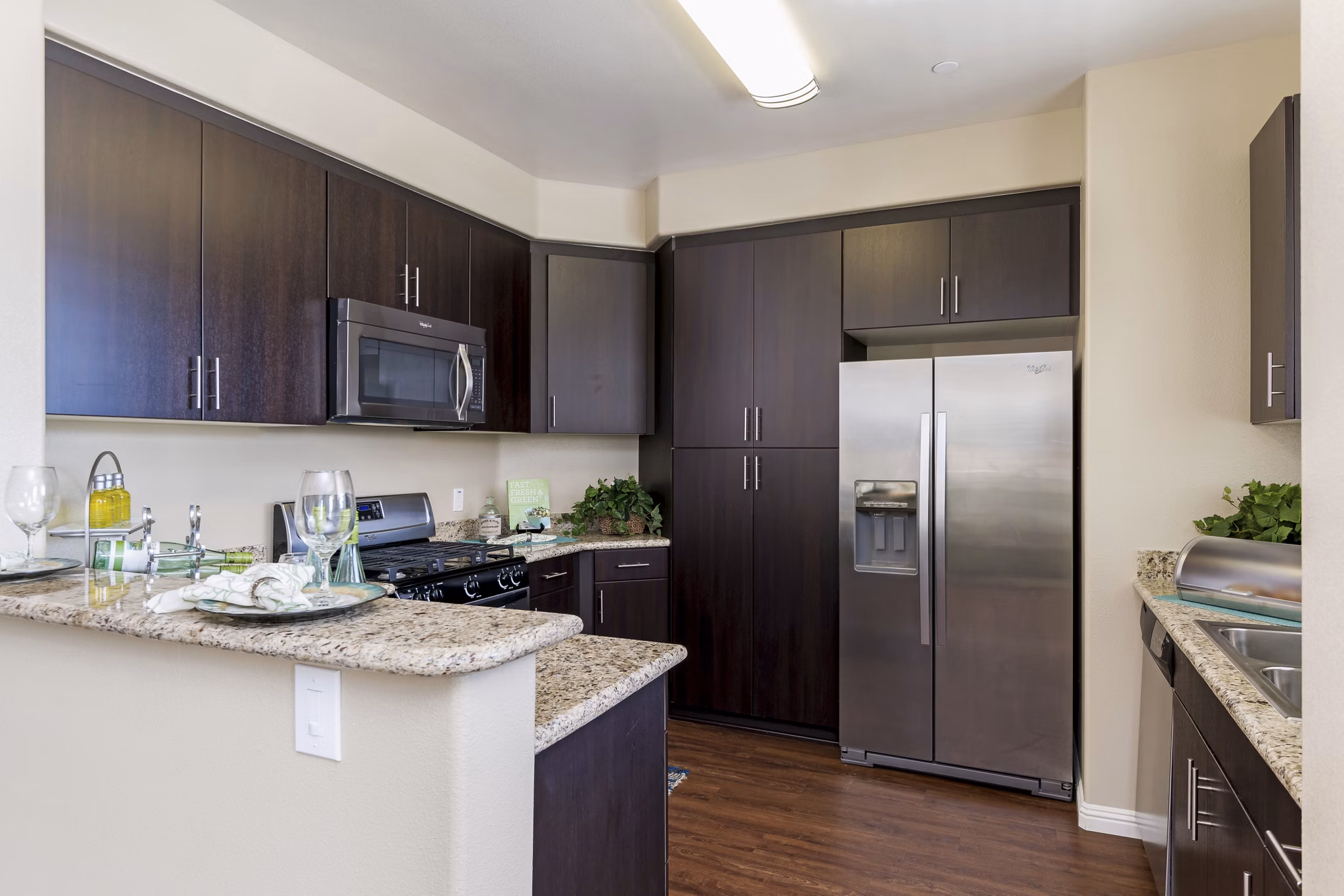 Modern kitchen featuring stainless steel appliances and granite countertops in Riveredge Terrace Apartments
