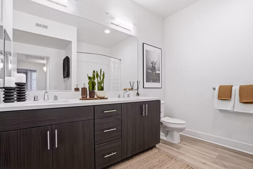 Modern bathroom with sleek fixtures at Palomar Station Apartments, luxury living in vibrant San Marcos