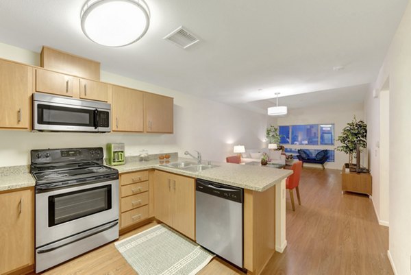 Modern kitchen with sleek appliances and granite countertops at Parc One Apartments, a Greystar luxury community