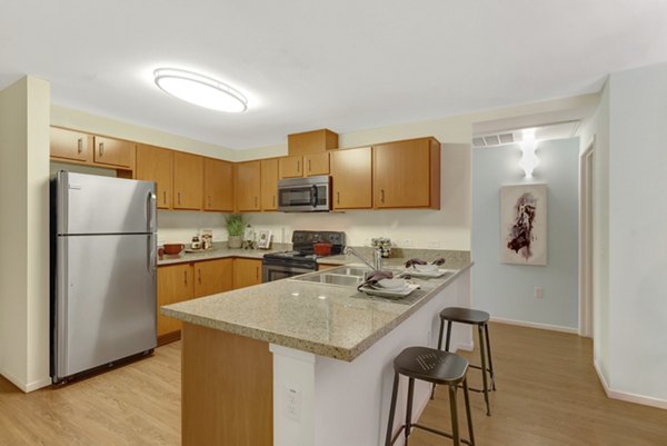 Sleek modern kitchen with stainless steel appliances at Parc One Apartments