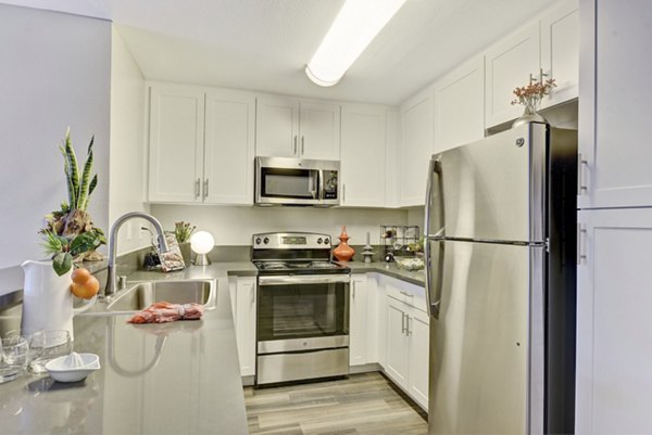 Contemporary kitchen with stainless steel appliances at Park Pointe Apartments