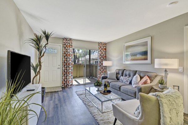 Bright living room with modern furnishings at Park Pointe Apartments in Greystar's luxury collection