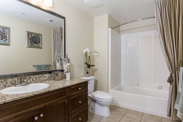 Bathroom with elegant fixtures and marble countertops in Rosina Vista Apartments
