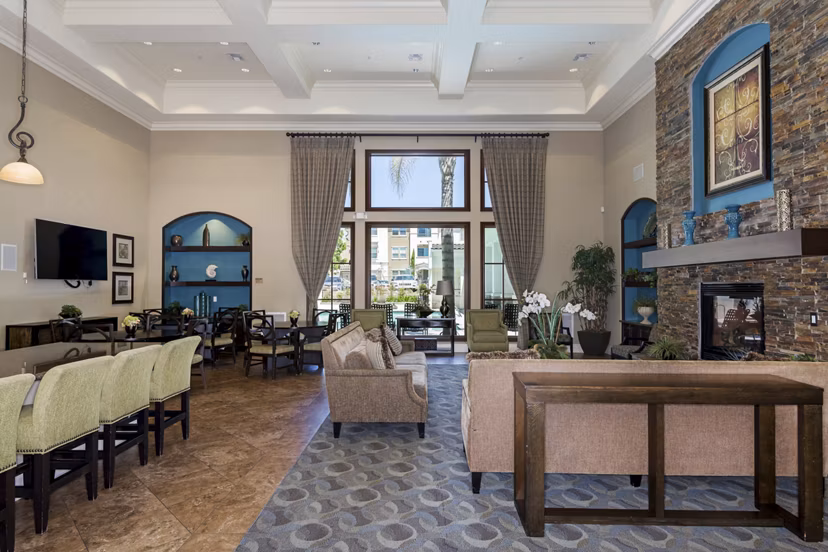 Elegant clubhouse with modern decor at Rosina Vista Apartments, featuring luxury amenities for residents