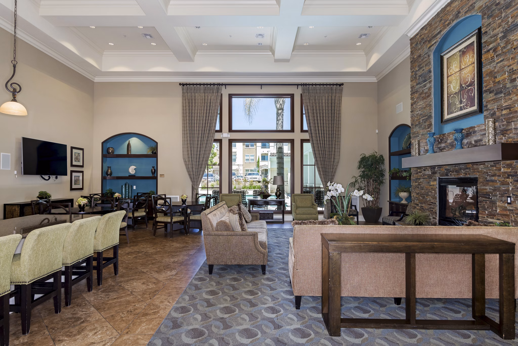 Elegant clubhouse with modern decor at Rosina Vista Apartments, featuring luxury amenities for residents