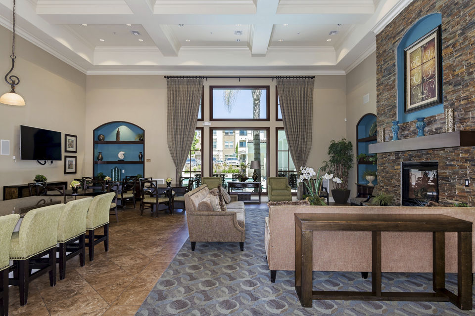 Elegant clubhouse with modern decor at Rosina Vista Apartments, featuring luxury amenities for residents
