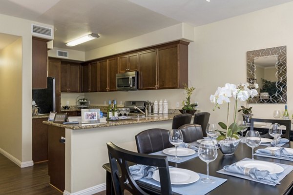 Elegant dining room with modern lighting at Rosina Vista Apartments