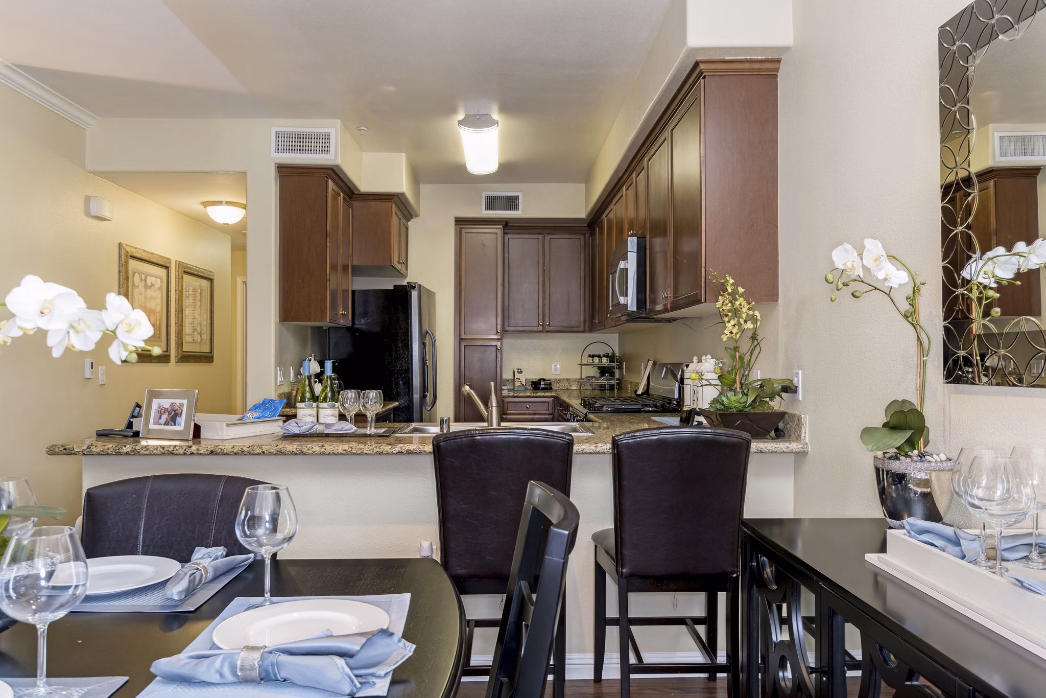 Dining room with elegant decor and modern lighting at Rosina Vista Apartments