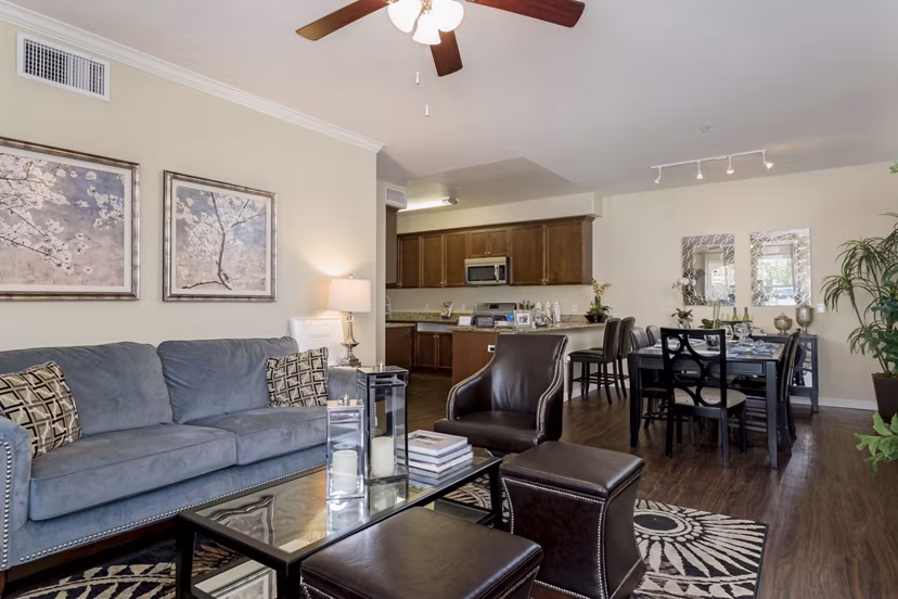Spacious living room with modern decor in Rosina Vista Apartments, featuring luxury amenities for comfortable living