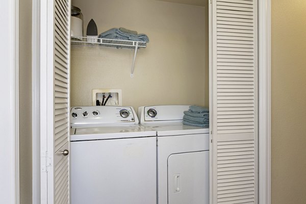 Laundry room with modern machines and ample folding space at Rosina Vista Apartments