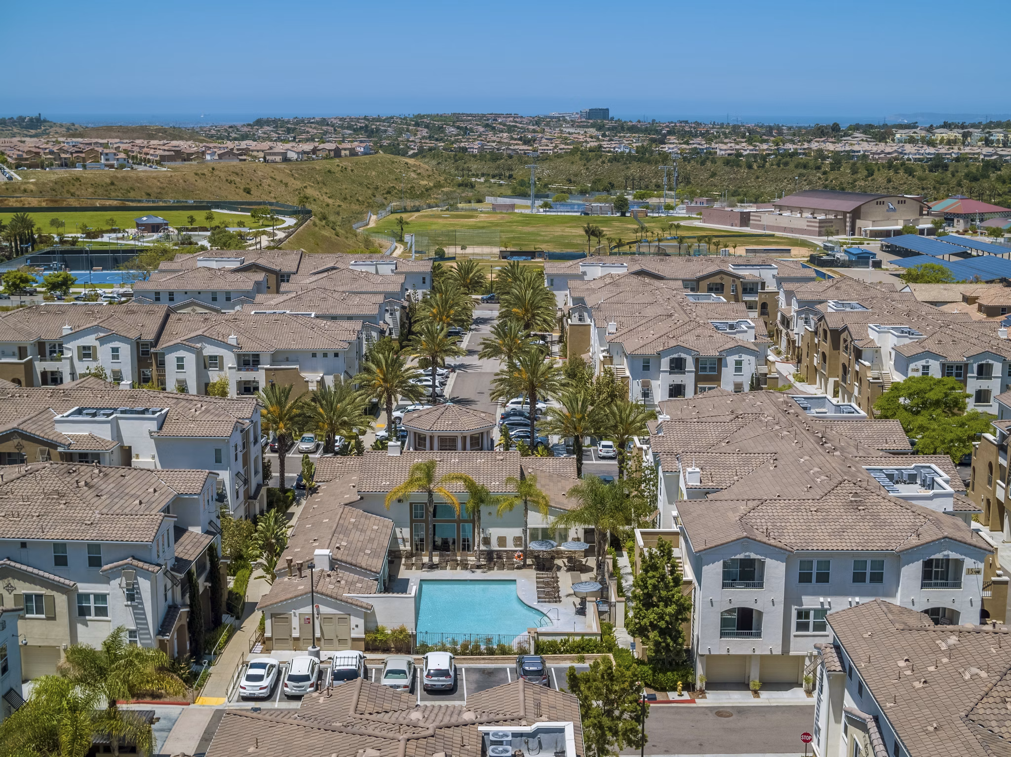 Rosina Vista Apartments: Aerial view of luxury apartments with landscaped gardens in Chula Vista, ideal for modern living