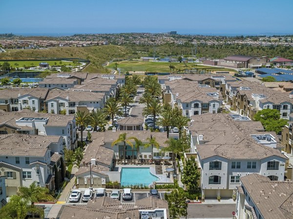 Rosina Vista Apartments: Aerial view of luxury apartments with landscaped gardens in Chula Vista, ideal for modern living