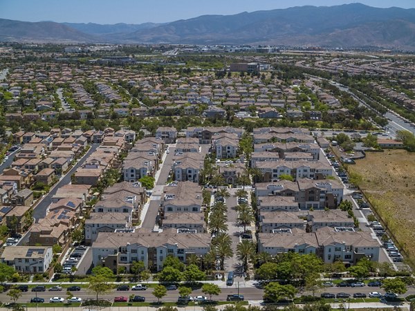 Rosina Vista Apartments: Aerial view of luxury community spaces and lush landscapes in Chula Vista, California