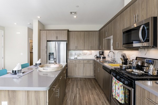 Modern kitchen with stainless steel appliances and granite countertops at Salerno Apartments