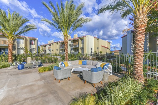 Spacious patio featuring lush greenery at Santee Villas Apartments Ideal for entertaining in luxury living environment