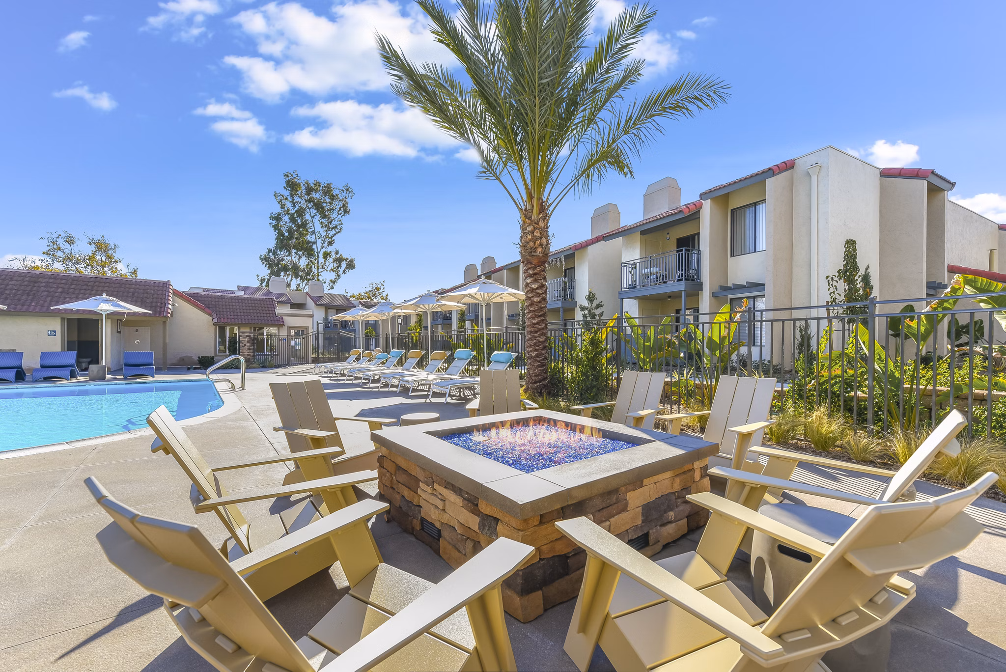 Cozy fire pit and patio area at Santee Villas Apartments, ideal for outdoor relaxation in luxury Greystar setting