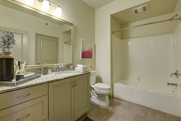 Bathroom with marble countertops and modern fixtures at Seta Apartments luxury community