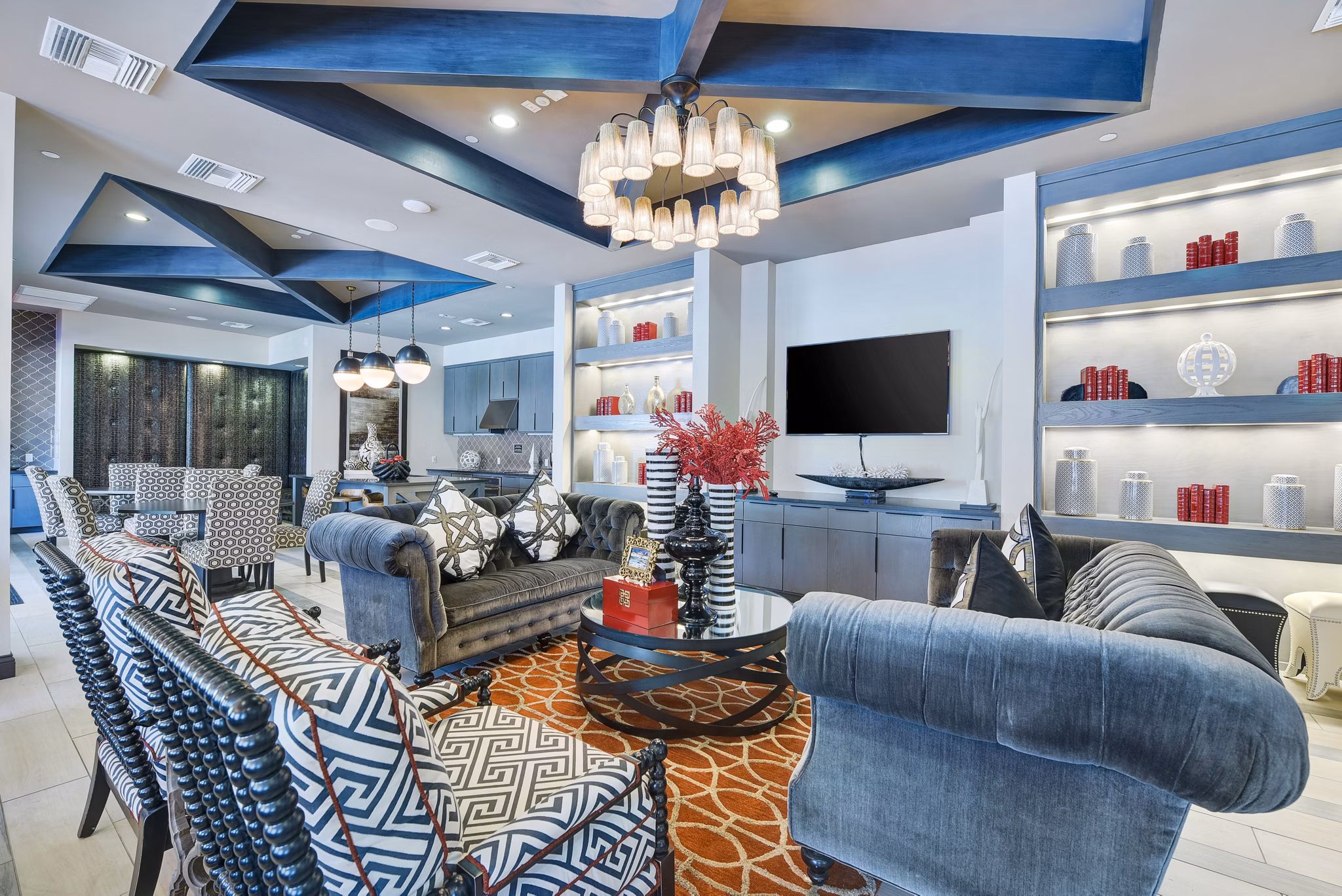 Seta Apartments: Modern clubhouse with sleek design and comfortable seating in upscale community