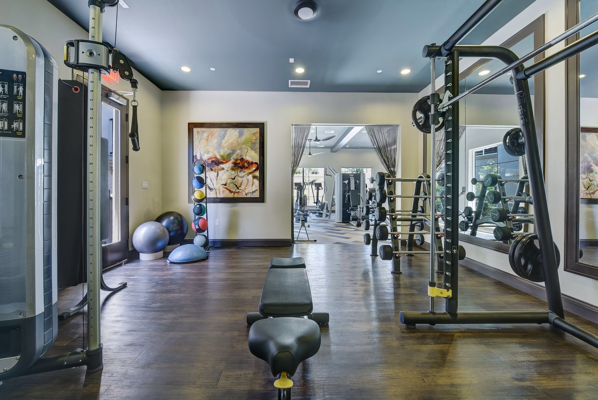 State-of-the-art fitness center with modern equipment at Seta Apartments, offering a premier workout experience for residents