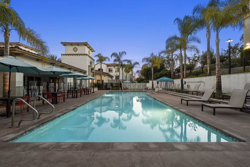 Resort-style pool area with lounge chairs at Seta Apartments, luxury living in an urban setting
