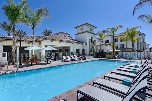 Resort-style pool area with lounge chairs at Seta Apartments, a Greystar luxury community