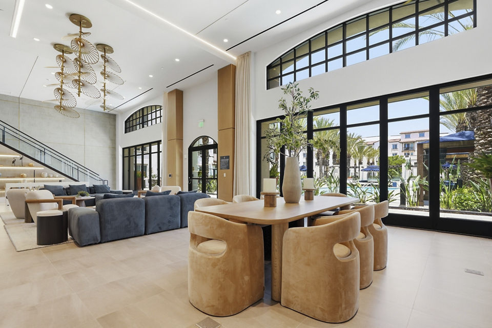 Sophisticated clubhouse lobby with contemporary design at Sola at Pacific Highlands Ranch Apartments