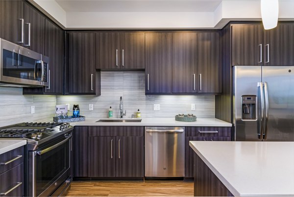 Modern kitchen with stainless steel appliances at Sola at Pacific Highlands Ranch Apartments, a luxury community by Greystar